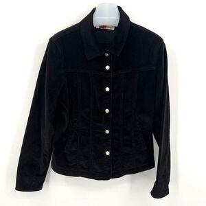 Vintage Live a Little Black Velvety Corduroy‎ Trucker Jacket Size M Soft Cozy